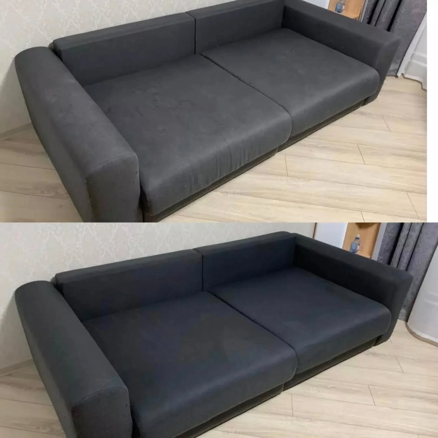 Tamni kauč prije i nakon dubinskog čišćenja Clean Teama Zagreb