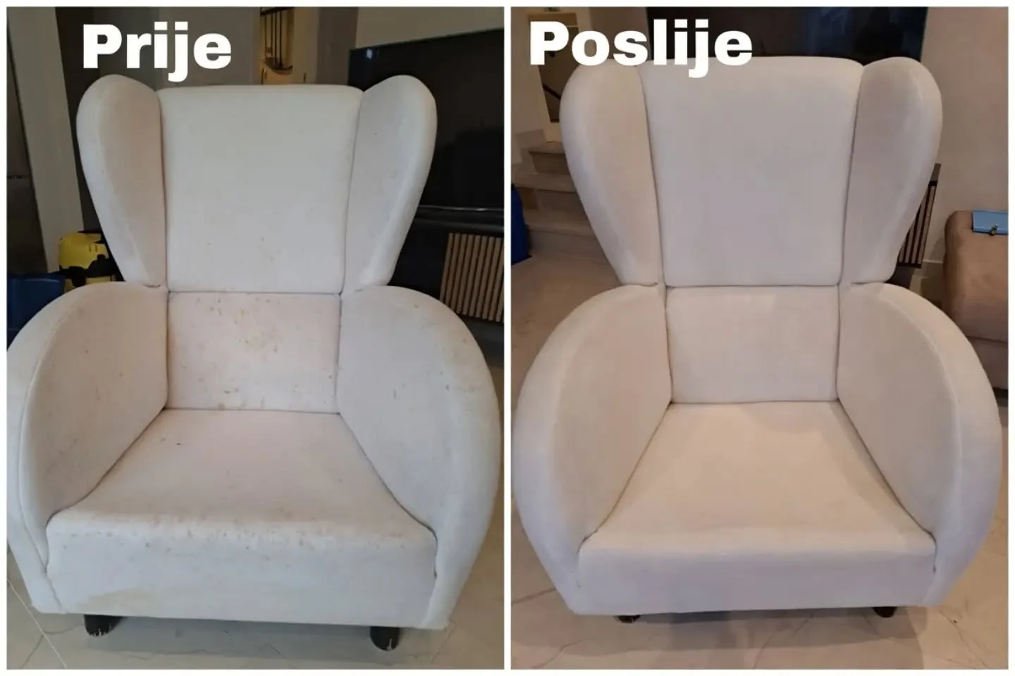 Svijetla fotelja prije i nakon dubinskog čišćenja